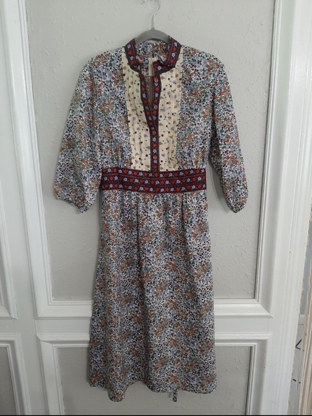 Vintage 1970s prairie gunne sax inspired midi dress hippie floral bib 14 boho